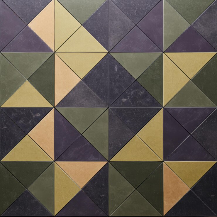 Foto los azulejos geométricos en piedras recuperadas son de color violeta oscuro, oro oscuro y verde oscuro.