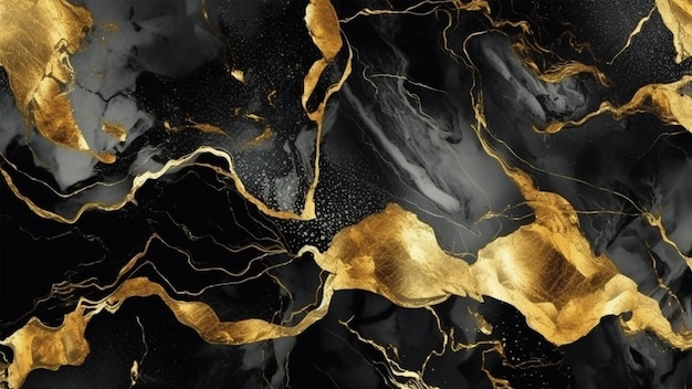 Azulejos de mármol líquido negro y dorado fondo abstracto con líneas doradas y pintura salpicada