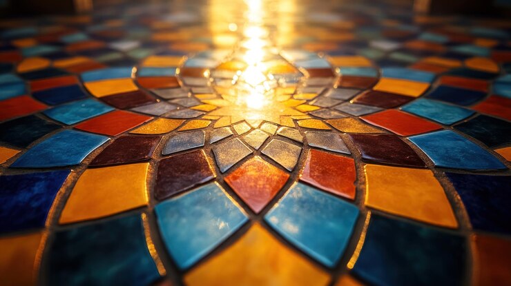 Los azulejos de mosaico de colores crean un patrón vibrante iluminado por el sol