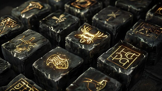azulejos de piedra negra con símbolos dorados brillantes