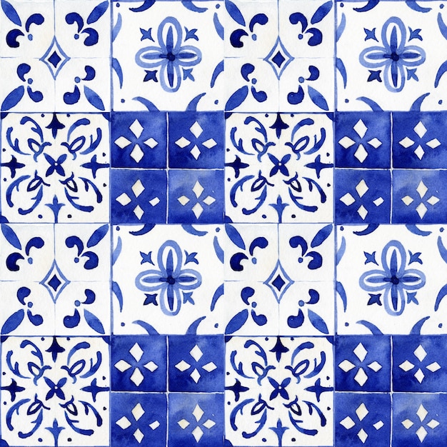 Azulejos portugueses Padrão sem emenda em aquarela