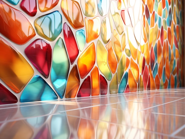 los azulejos de vidrio de colores brillantes están dispuestos en una habitación con un piso blanco generativo ai