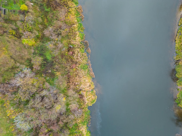 Azurblaue Birke eines ruhigen Flusses, der mit Bäumen und Gras bewachsen ist Herbstlandschaft Bäume wachsen entlang des Ufers des Sees