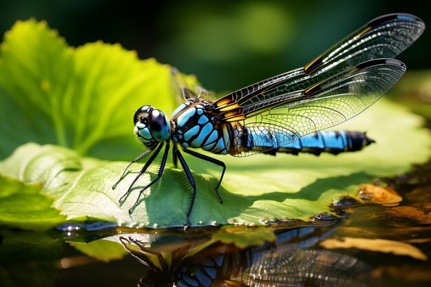 Azurblaue Libelle ruht auf einem Seerosenblatt in einem Teich. Generative KI