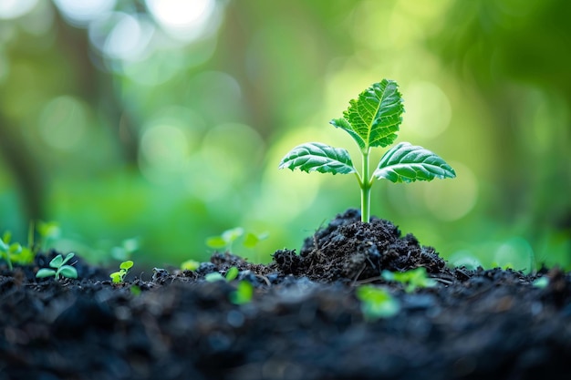 B Crecimiento de plantas verdes en un suelo con un fondo verde borroso