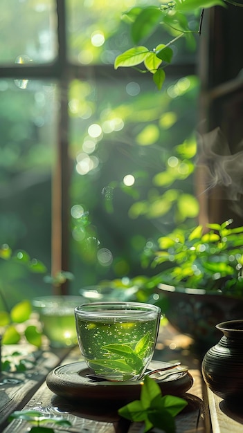 Foto b folhas de chá verde e uma chávena de chá verde em uma mesa de madeira perto da janela