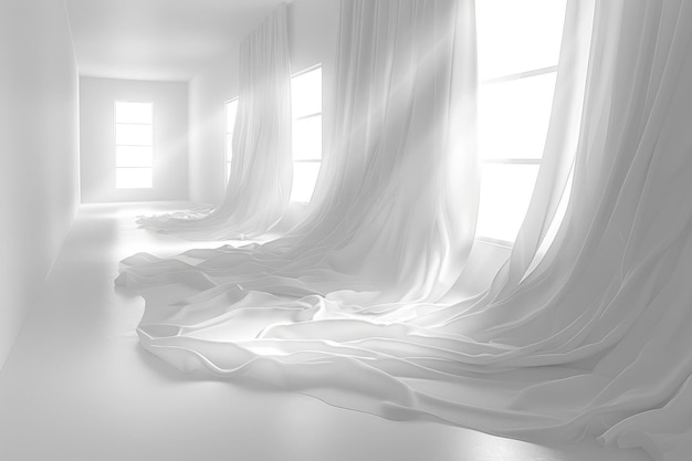 Foto b habitación blanca con grandes ventanas y cortinas blancas soplando en el viento