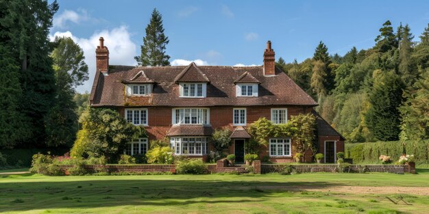 B Uma casa de campo inglesa cercada de árvores e um jardim