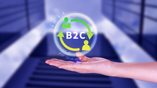 B2C Concept de estrategia de marketing de negocio a cliente Empresario con icono virtual de B2C para la estrategia de negocio Comunicación de retroalimentación Marketing en línea Estrategia de marketing de comercio electrónico