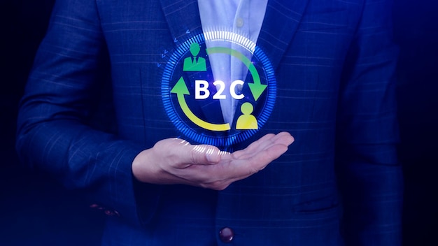 B2C Concept de estrategia de marketing de negocio a cliente Empresario con icono virtual de B2C para la estrategia de negocio Comunicación de retroalimentación Marketing en línea Estrategia de marketing de comercio electrónico