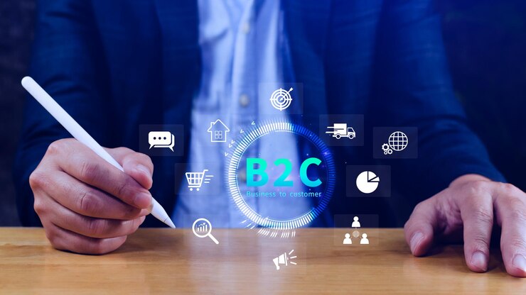 Foto b2c concept de estrategia de marketing de negocio a cliente empresario con icono virtual de b2c para la estrategia de negocio comunicación de retroalimentación marketing en línea estrategia de marketing de comercio electrónico
