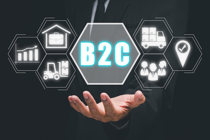 Foto b2c concepto de negocio a cliente empresarios persona que sostiene la mano del negocio al cliente icono en la pantalla virtual