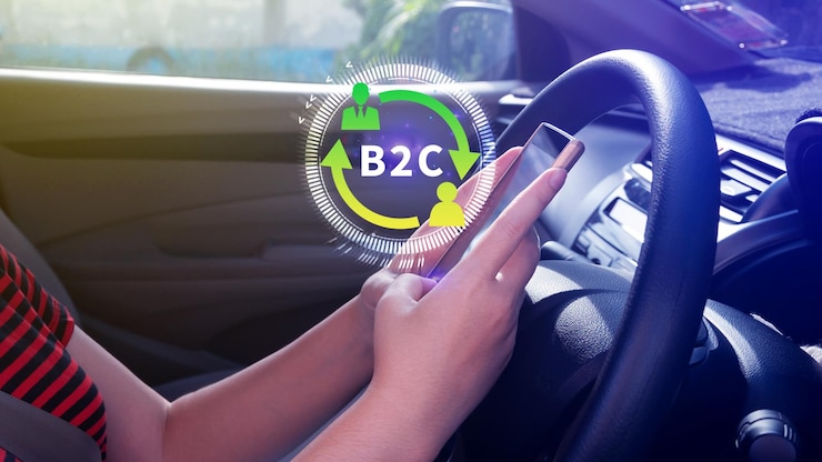 Foto b2c estrategia de marketing de negocio a cliente concepto uso de teléfono inteligente con icono virtual b2c para estrategia de negocio comunicación retroalimentación marketing en línea estrategia de marketing de comercio electrónico