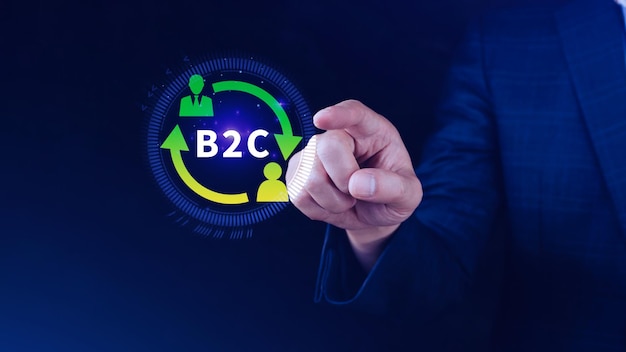 B2C Negocio al cliente concepto de estrategia de marketing Empresario tocando con icono virtual B2C para la estrategia de negocio comunicación retroalimentación marketing en línea estrategia de marketing de comercio electrónico