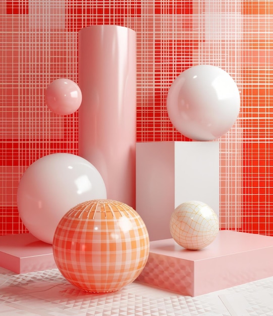 B3D-Rendering von rosa und weißen geometrischen Formen auf rotem Hintergrund