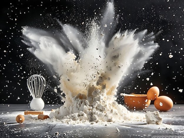 Foto b9 explosión de harina con nube de polvo utensilios de horneado y superposición de efecto ingre fx fondo limpio