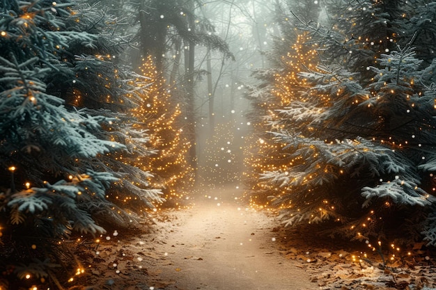 BA Caminho da Floresta de Neve Iluminado por Árvores de Natal