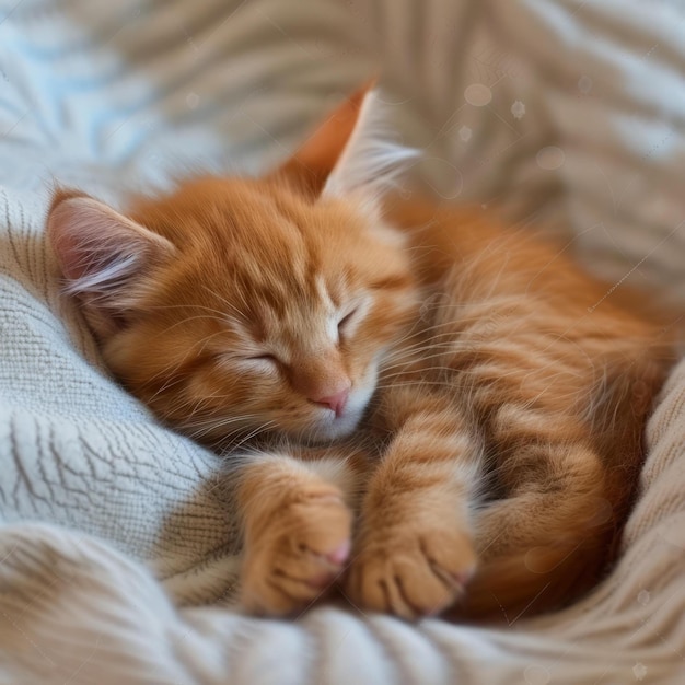 Foto ba gatito de jengibre está durmiendo profundamente en una manta blanca