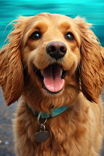 BA lindo perro cocker spaniel marrón con un cuello azul está mirando a la cámara con una expresión feliz en su cara