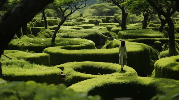 Foto ba mulher de pé em um labirinto de cercas verdes exuberantes