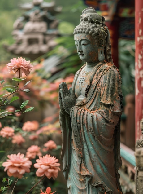 Foto ba weathered statue of buddha stands in a garden with pink flowers