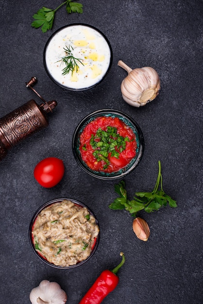 Baba Ganoush Tzatziki und Tomaten Ezme