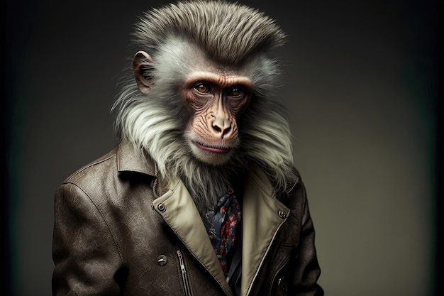 Babuíno de cabelos grisalhos elegante em macaco de casaco em jaqueta de couro criado com generative ai