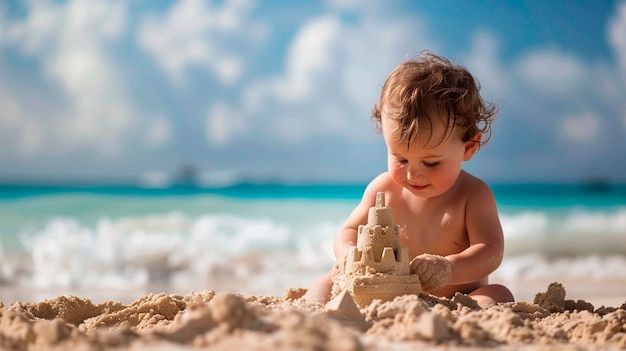 Baby baut ein Sandschloss am Strand Selektiven Fokus