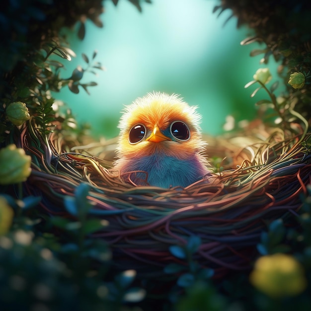 Baby Bird no ninho chibi e estilo real Generative AI