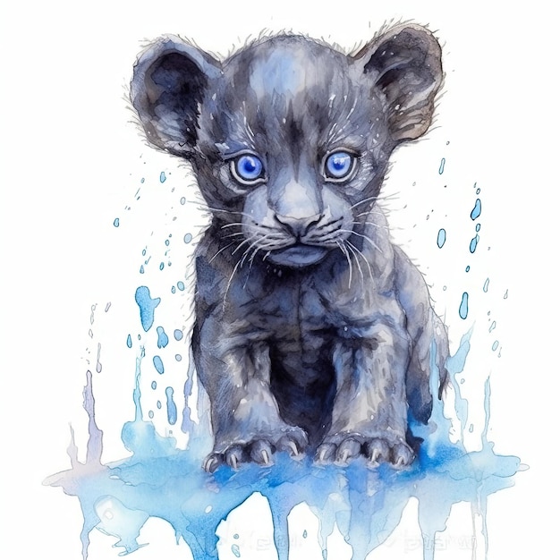 Baby Black Panther Aquarell mit Tintenumriss auf weißem Hintergrund hochdetaillierte generative KI