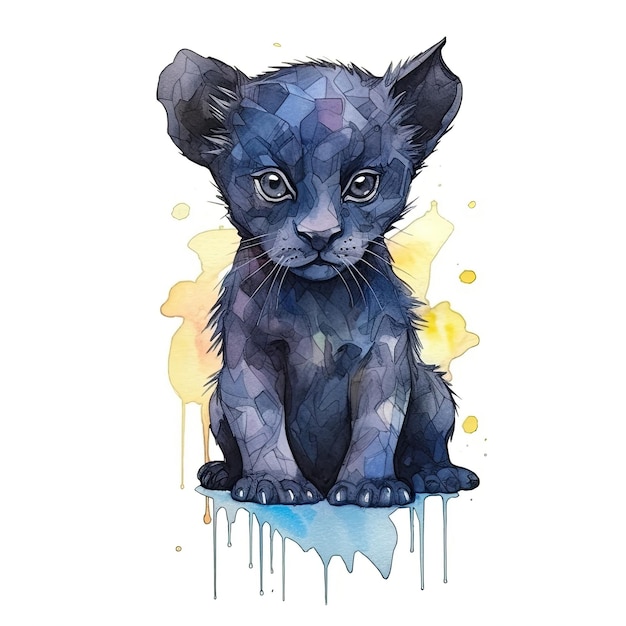 Baby Black Panther Aquarell mit Tintenumriss auf weißem Hintergrund hochdetaillierte generative KI