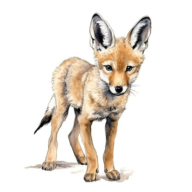 Baby-Coyote-Aquarell mit Tintenumriss auf weißem Hintergrund, hochdetaillierte generative KI