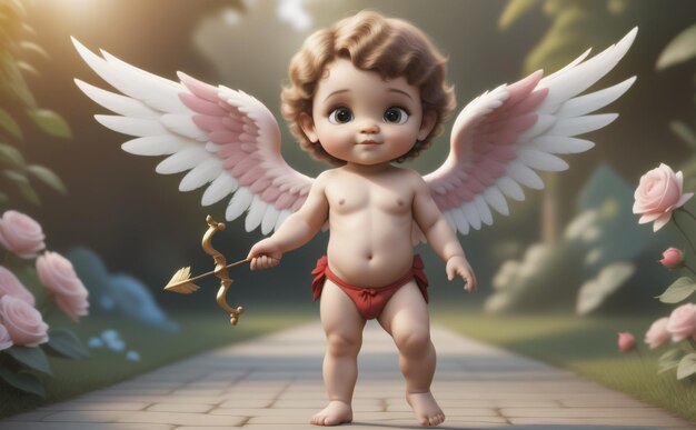 Baby Cupid steht im Garten auf rosa Hintergrund.