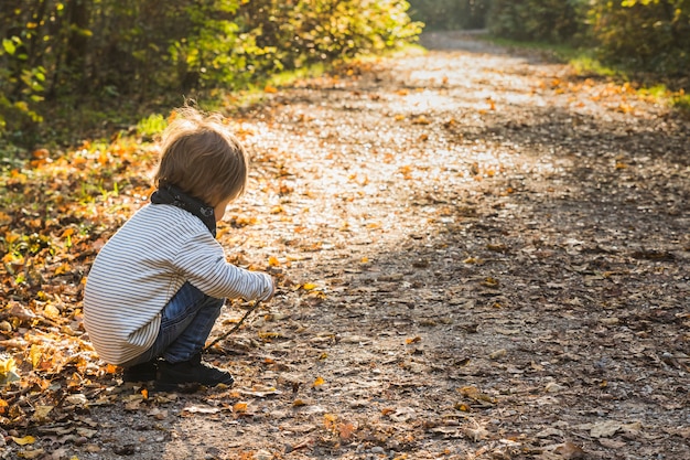 Baby, das auf einem Waldweg im Herbst spielt