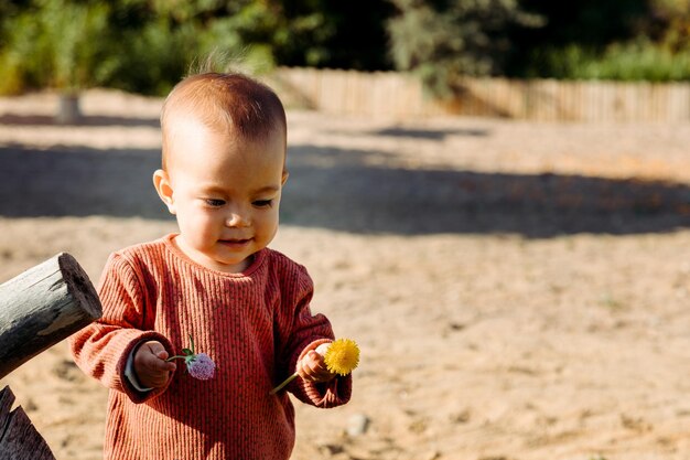 Baby, das gelben Löwenzahn am Strand betrachtet