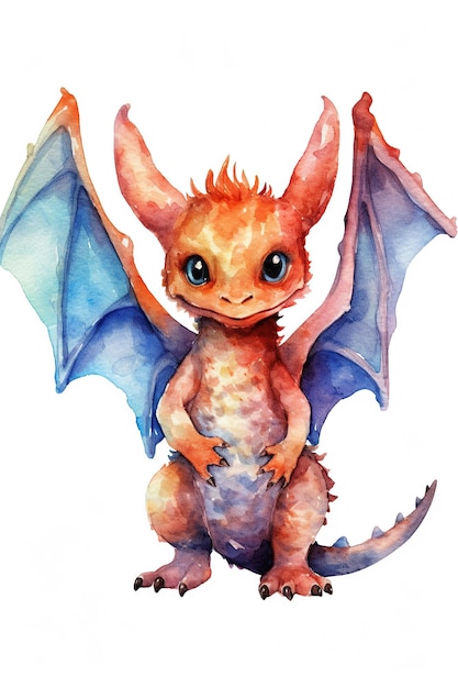 Baby Dragon acuarela clipart lindo aislado sobre fondo blanco con tecnología generativa de IA