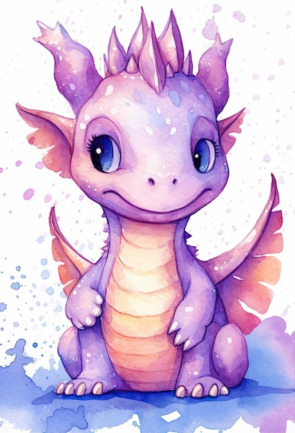 Baby Dragon acuarela clipart lindo aislado sobre fondo blanco con tecnología generativa de IA