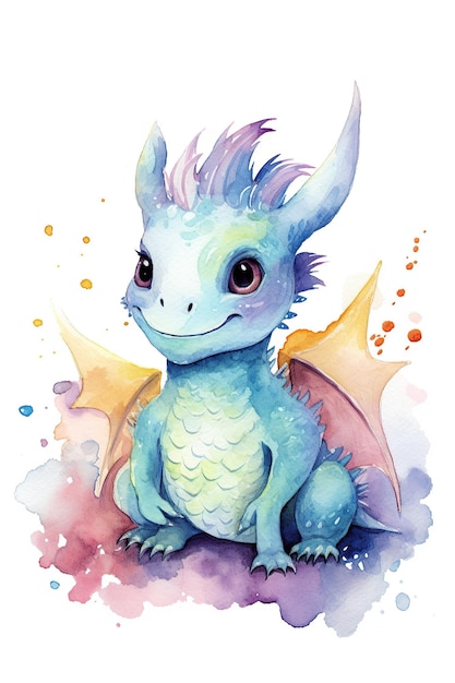 Baby Dragon aquarela clipart fofo isolado no fundo branco com Generative AI Technology