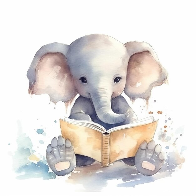 Foto baby elefant bär giraffe koala kaninchen buffalo panda schildkröte nilpferd lesebuch aquarell weiß