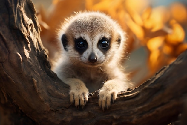 Baby-Erdmännchen sitzt auf einem Ast und hat ein Foto mit generativer KI aufgenommen