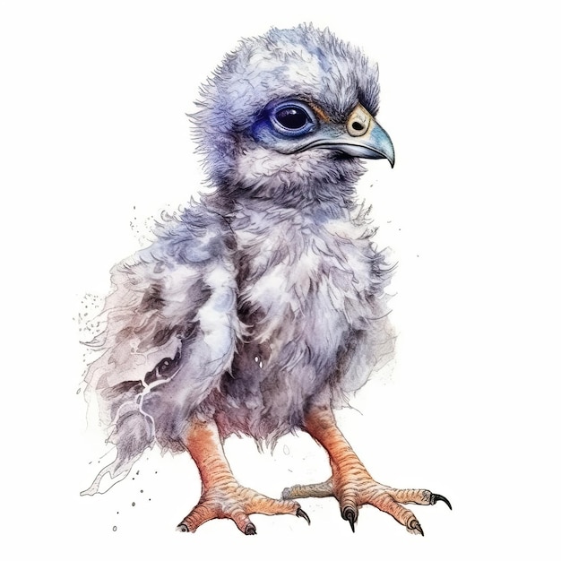 Baby Falcon Aquarell mit Tintenumriss auf weißem Hintergrund, hochdetaillierte generative KI