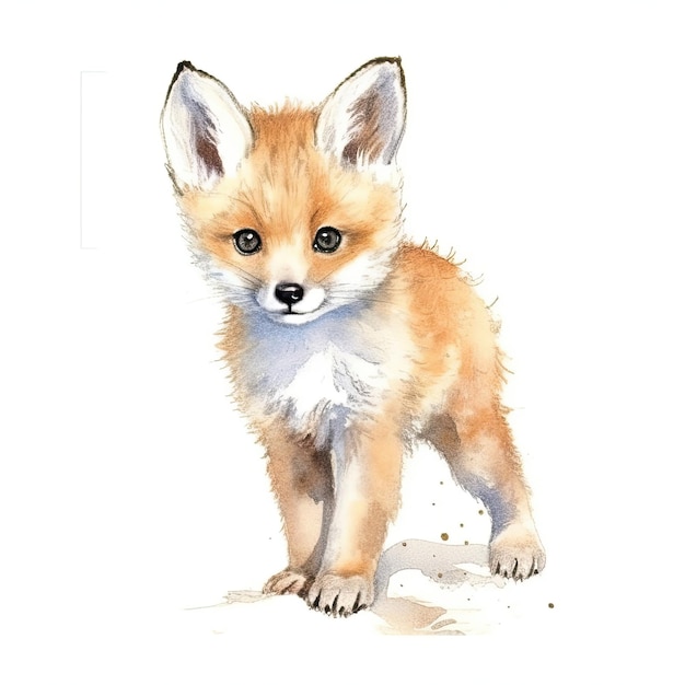 Baby Fox-Aquarell mit Tintenumriss auf weißem Hintergrund, hochdetaillierte generative KI