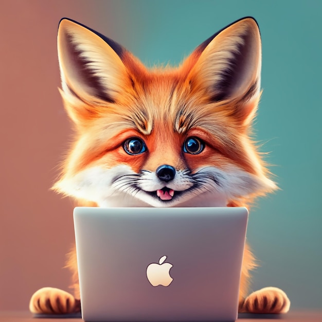 Baby FOX lächelt und benutzt das MacBook Pro