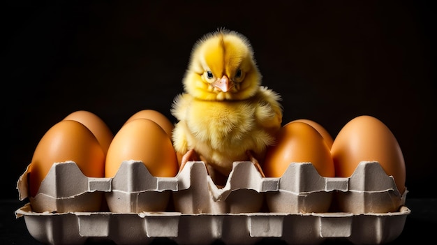 Foto baby gelbes huhn sitzt in einem eierkarton