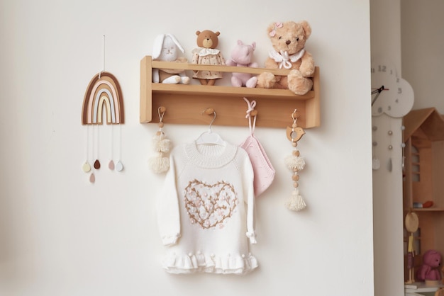 Baby gestrickte Kleidung und Accessoires Kinderzimmer Regal mit Spielzeug