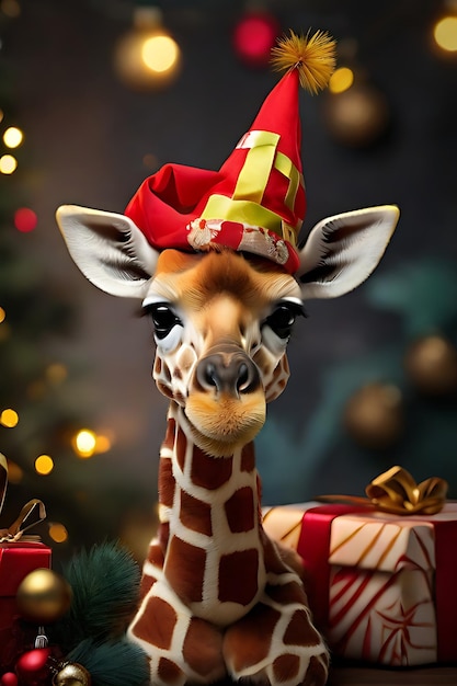 Baby Girrafe mit Weihnachtsmütze, erstellt mit Generative Ai Technology