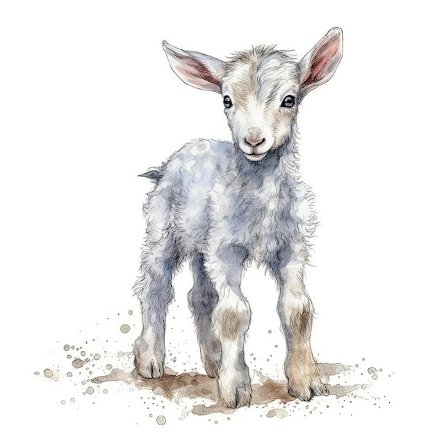 Baby Goat Aquarell mit Tintenumriss auf weißem Hintergrund hochdetaillierte generative KI