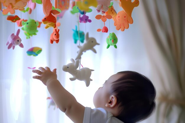 Baby greift nach bunten Tieren, die von einem Handy hängen