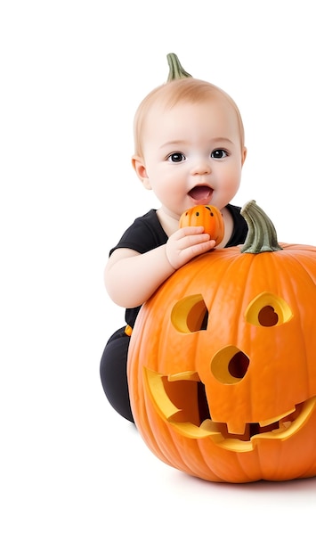 Baby hält Kürbis Halloween für ein glückliches Halloween-Festival