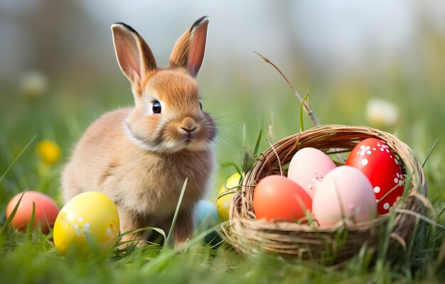 Baby Hase und farbenfrohe Eier im grünen Sommer Holz Gras Ostern ho